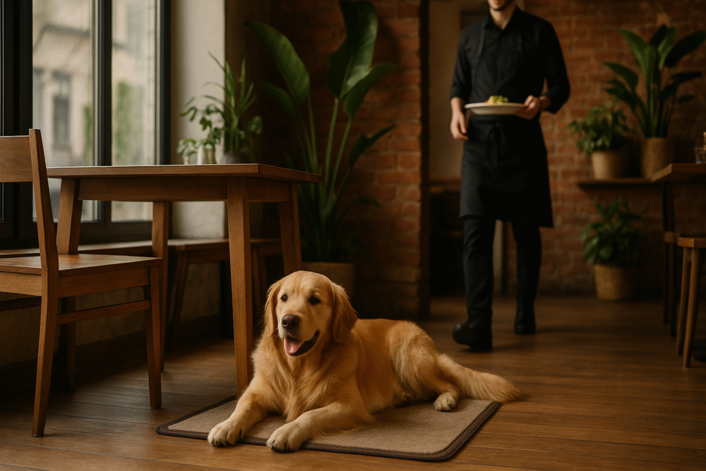 Golden retriever odpoczywający na macie pod stolikiem w restauracji Enklava w Gdańsku