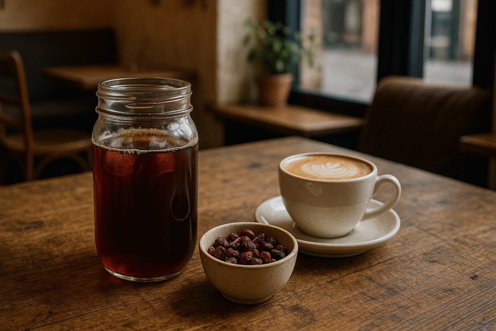 Cold brew, cascara i kawa smakowa serwowane na drewnianym stole w kawiarni w Gdańsku