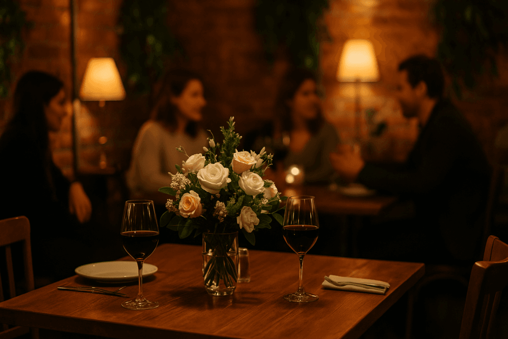 Wnętrze Enklava Restauracja & Śniadania Gdańsk podczas długiego spotkania przy stole