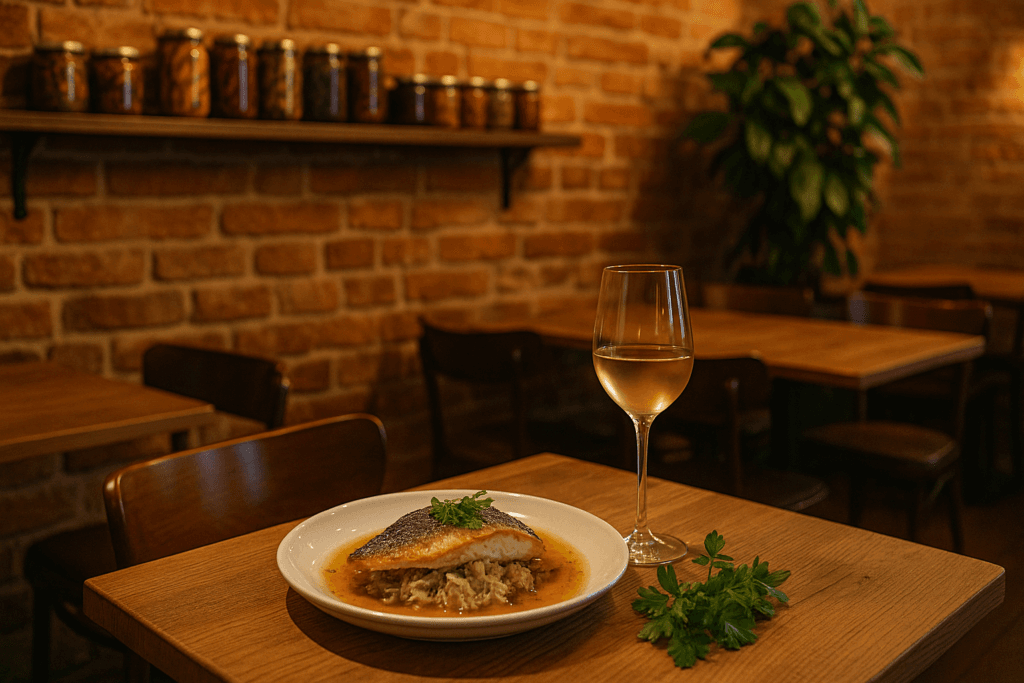 Przytulna restauracja w Garnizonie w Gdańsku z regionalnym daniem na stole