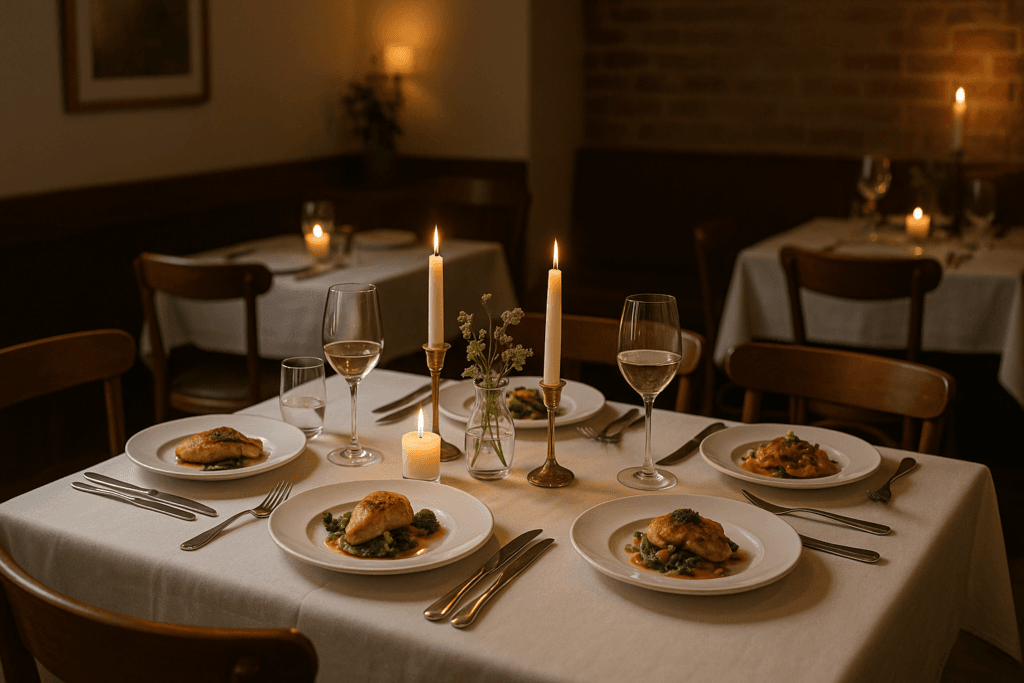 Kameralne przyjęcie w restauracji przy wspólnym stole w przytulnym wnętrzu