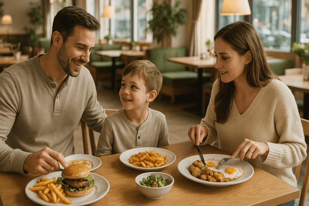 Rodzina z dzieckiem przy stole w przyjaznej restauracji podczas wspólnego posiłku